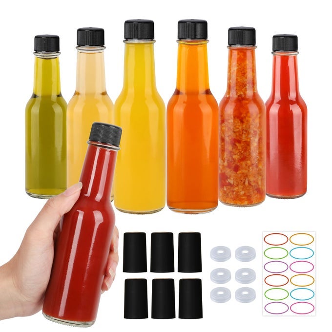 5 OZ HOT SAUCE BOTTLES 6 PACK EMPTY PEPPER SAUCE BOTTLE CLEAR GLASS WOOZY BOTTLES WITH LEAK PROOF BLACK SCREW CAP150ML EMPTY WINE BOTTLE