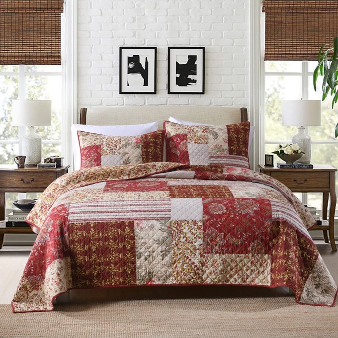 KING QUILT SET QUILTED BEDSPREAD COUNTRY FARMHOUSE COTTAGE VINTAGE DITSY FLORAL PAISLEY STYLE REVERSIBLE LIGHTWEIGHT COVERLET SET REAL PATCHWORK QUILT FOR ALL SEASONS ANTIQUE ROSE KING SIZE