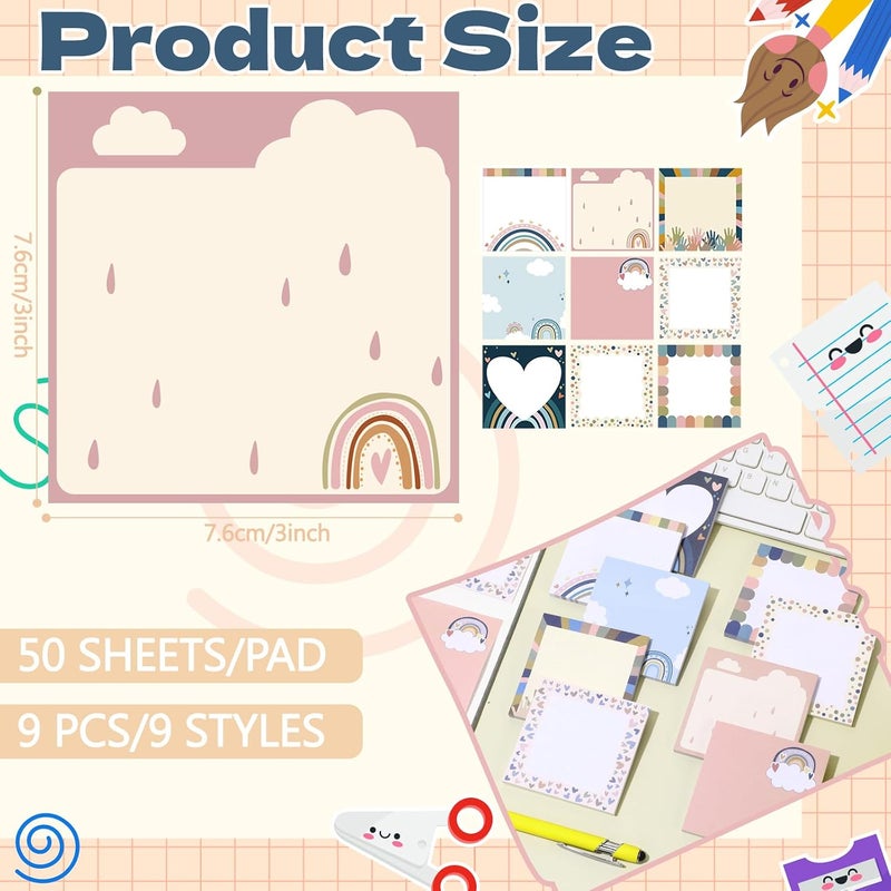 Saypacck 9 Pads Cute Sticky Notes Cartoon Self Stick Notepads 3x3 Inches Notes Adhesive Memo Pad Office Decor Gifts for Students School Teacher Office Meeting (Boho) - Image 2