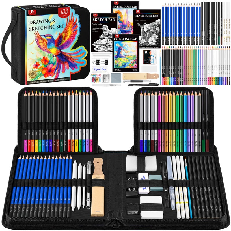 133 PCS Art Supplies Sketching Kit Pro Drawing Pencils with Sketchbook Coloring Book Watercolor Pad Black Paper Pad Colored Graphite Charcoal Watercolor Metallic Pencils for Artists Adults