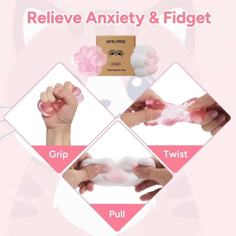 2-Pack Taba لعبة الضغط على مخلب القط Squishy للبالغين، لعبة تخفيف التوتر والقلق، لعبة ناعمة لطيفة كيوائي Squishy للمكتب والمدرسة (وردي) - Image 3