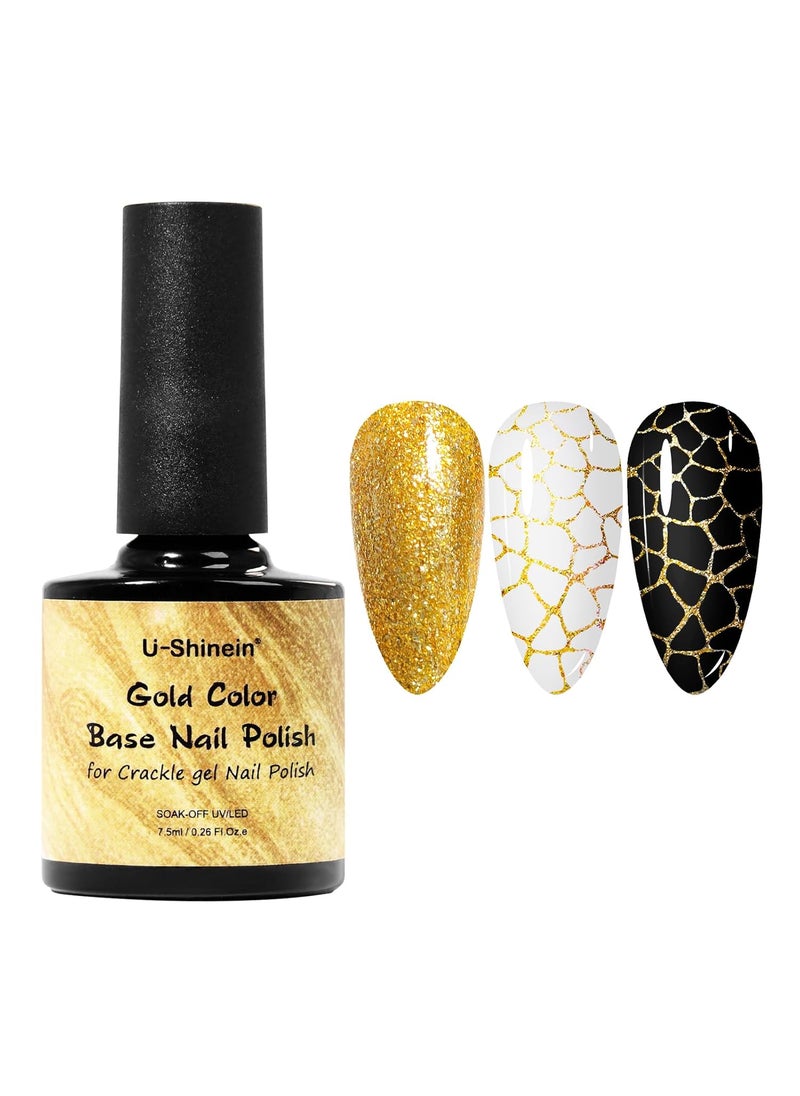 U-Shinein Gold Base Nail Polish for Crackle Gel Nail Polish, Amazing Crackle Nails Polish Effect Patterned Nail, Long-lasting & Cool Crackle Air Dry UV LED Lamp Needed Nail Gel Polish 