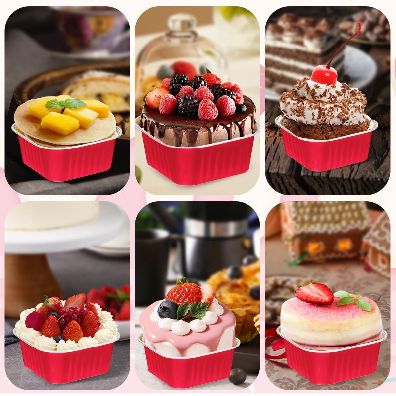 ylnurac 30Pack 5oz Valentines Mini Cake Pans with Lids Baking Cups Aluminum Foil Pans Tins, Individual Dessert Cups Containers for Sales,Party,Picnics Red - Image 4