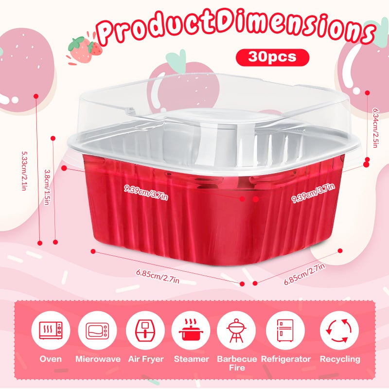 ylnurac 30Pack 5oz Valentines Mini Cake Pans with Lids Baking Cups Aluminum Foil Pans Tins, Individual Dessert Cups Containers for Sales,Party,Picnics Red - Image 3