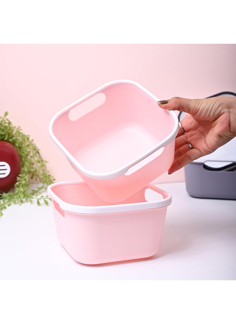 Market99 Pink Color Plastic Basket Set Of 2 Open Basket With Square Shape Glossy Finish Multipurpose Basket Plain Design Packaging Organizer Box Storage Basket Bins