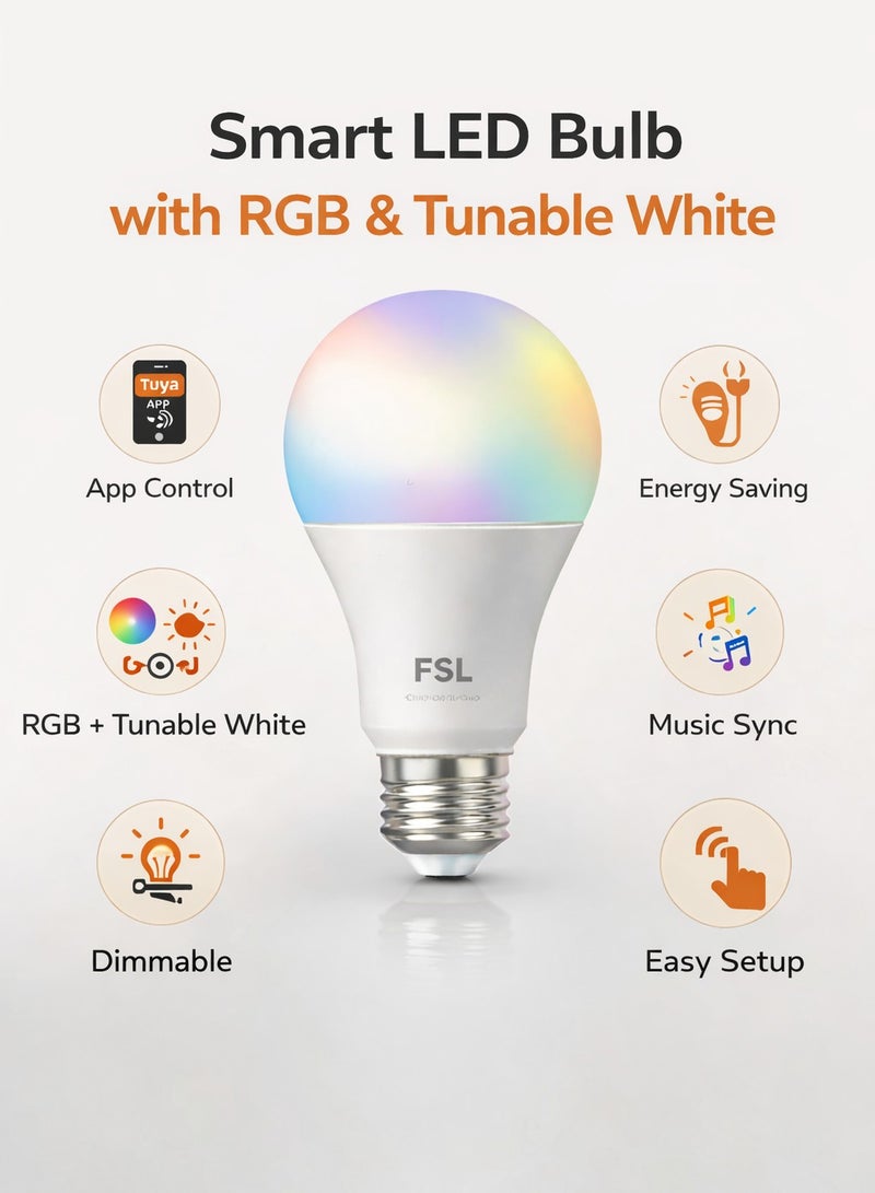 FSL Smart LED Bulb 9W E27 RGB+CCT WiFi Bulb, Dimmable Color Changing Light, 2700K–6500K Tunable White, App Control, Works with Tuya, Energy Saving Smart Lamp 5pcs Pack - Image 2