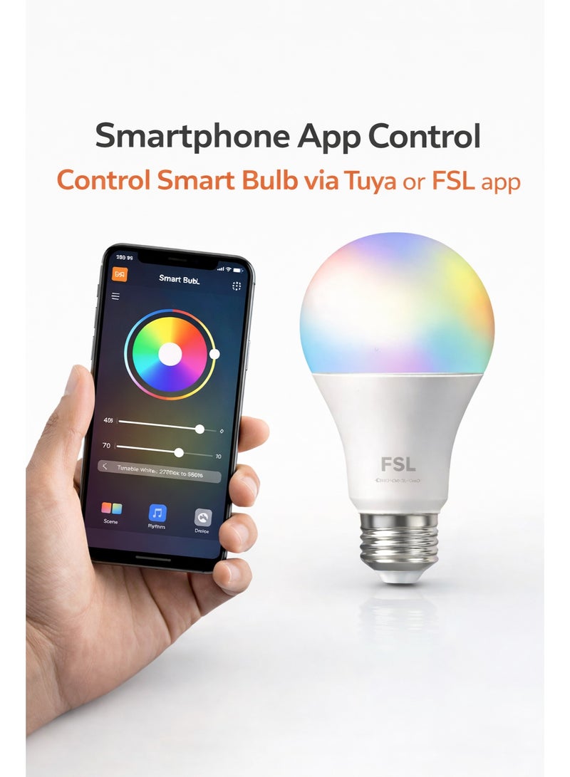FSL Smart LED Bulb 9W E27 RGB+CCT WiFi Bulb, Dimmable Color Changing Light, 2700K–6500K Tunable White, App Control, Works with Tuya, Energy Saving Smart Lamp 5pcs Pack - Image 3