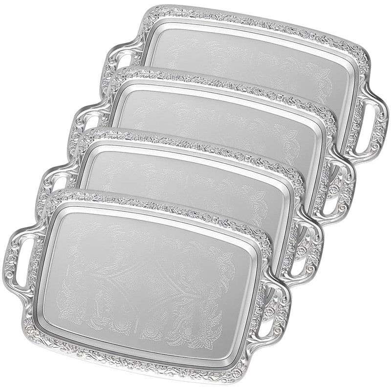 Tiangrid 4 Pcs Silver Serving Tray Elegant Floral Metal Plate Silver Platter for Buffet Wedding Party Jewelry Decorative Oblong with Handle - Image 2
