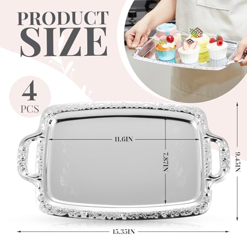 Tiangrid 4 Pcs Silver Serving Tray Elegant Floral Metal Plate Silver Platter for Buffet Wedding Party Jewelry Decorative Oblong with Handle - Image 3
