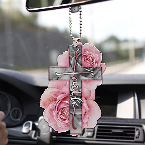 Talataca Pink Cross Rose Rosy God Faith Christian Jesus 2D Flat Car Rear View Mirror Accessories Christmas Tree Ornament Decoration Hanging Charm Interior Rearview Pendant Decor Gift - Image 1
