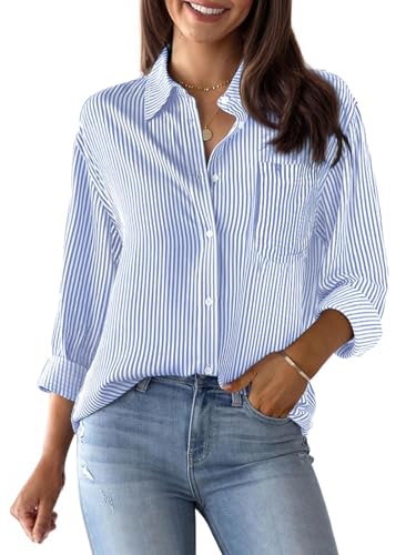 Aoudery Striped Button Down Shirts for Women Cotton Dress Shirts Long Sleeve Collared Blouses Work Business Casual Tops-Blue and White L - Image 1