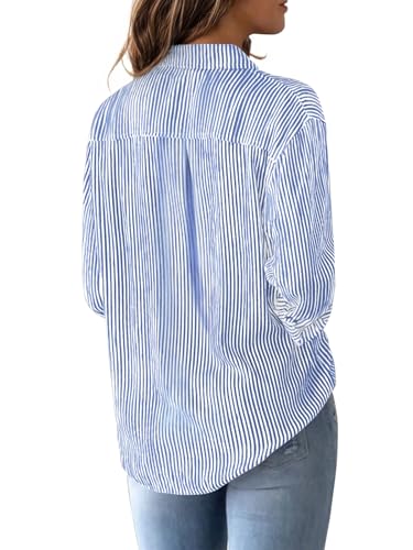 Aoudery Striped Button Down Shirts for Women Cotton Dress Shirts Long Sleeve Collared Blouses Work Business Casual Tops-Blue and White L - Image 3
