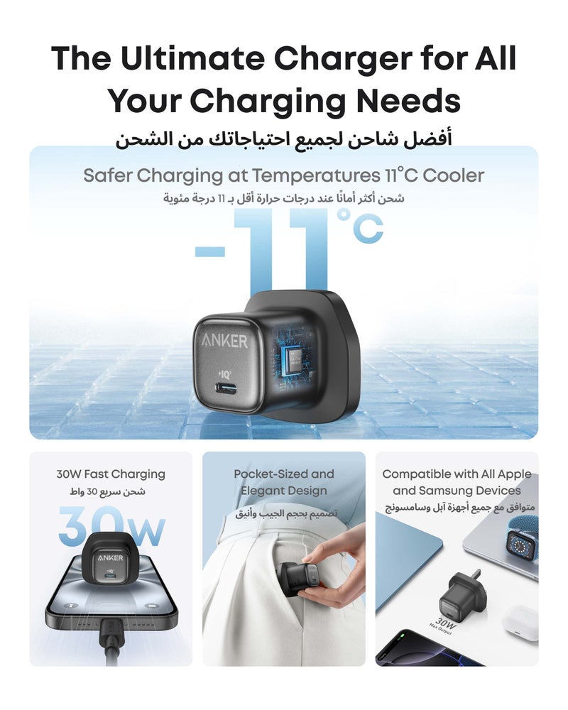 Anker 30W USB C Plug,  Zolo Compact GaN USB C Charger, Enhanced Temperature Control, Compact Design and 3X Faster Charging, Compatible with iPhone, iPad, Samsung, Pixel, and More (Black) Black - Image 2