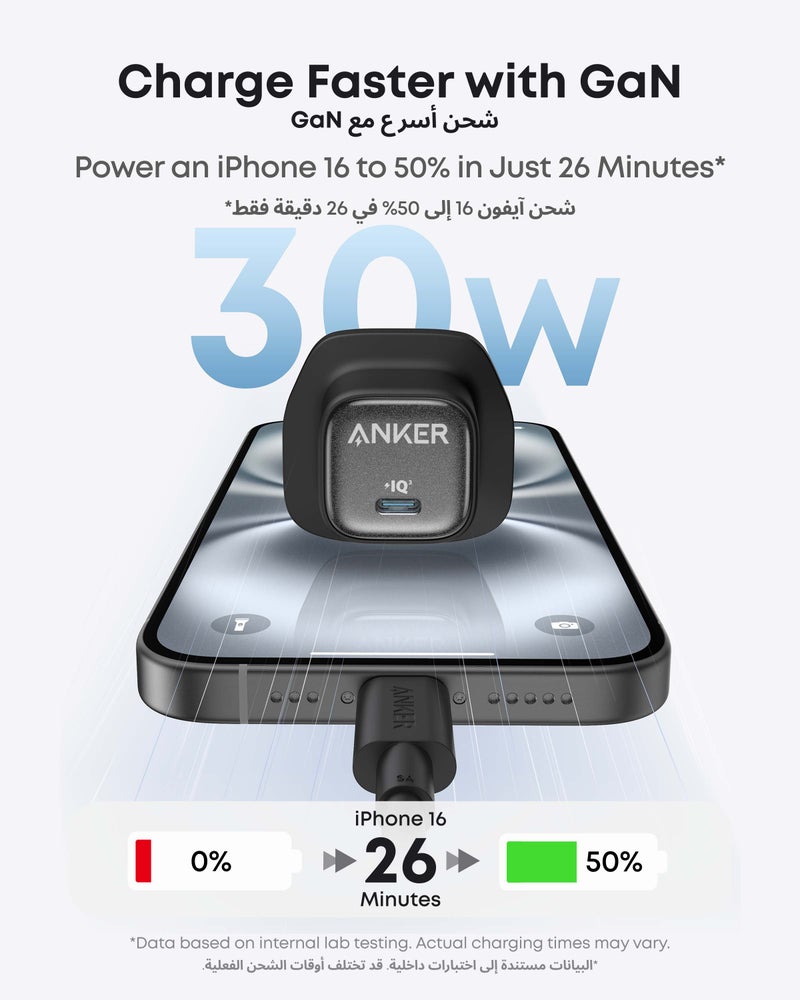 Anker 30W USB C Plug,  Zolo Compact GaN USB C Charger, Enhanced Temperature Control, Compact Design and 3X Faster Charging, Compatible with iPhone, iPad, Samsung, Pixel, and More (Black) Black - Image 4