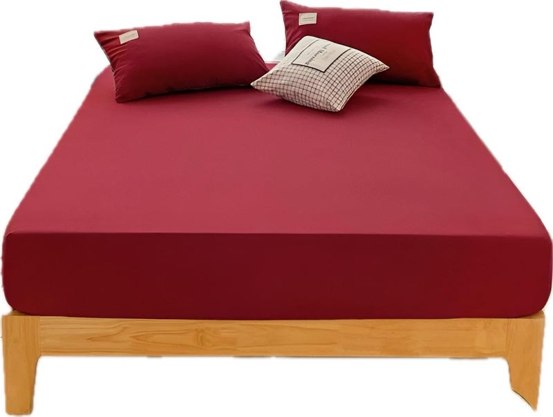 Khoyot Fitted sheet set plain cotton - 3 pieces (1 sheet - 1 pillow - 1 cushion) - Size (120cmx200cmx30cm) - Burgundy