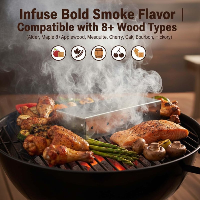 Realcook صندوق مدخن رقائق الخشب: صندوق شواء من الفولاذ المقاوم للصدأ | ملحقات صندوق النار المدخن سلة الشواء للشواء بالفحم والغاز في الداخل والخارج - Image 5