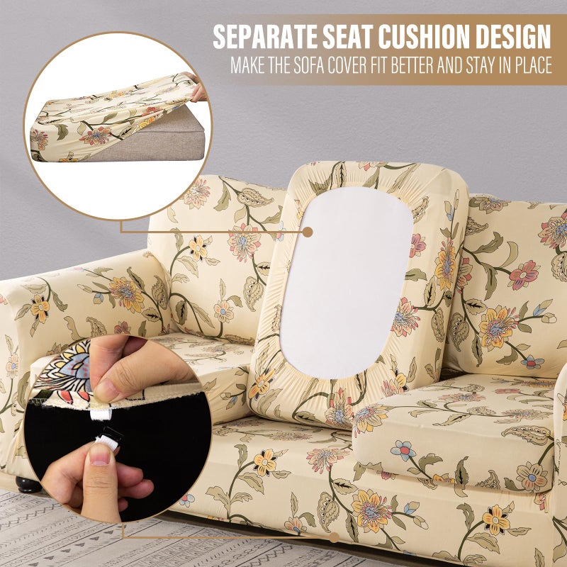 Lamberia Printed Sofa Cover for 3 Cushion Couch High Stretch Sofa Slipcovers 4 Piece Sofa Slipcover with Three Separate Cushion Covers Elastic Bottom Floral Pattern (Blooming Flower, Sofa) - Image 4