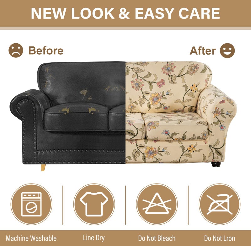 Lamberia Printed Sofa Cover for 3 Cushion Couch High Stretch Sofa Slipcovers 4 Piece Sofa Slipcover with Three Separate Cushion Covers Elastic Bottom Floral Pattern (Blooming Flower, Sofa) - Image 5