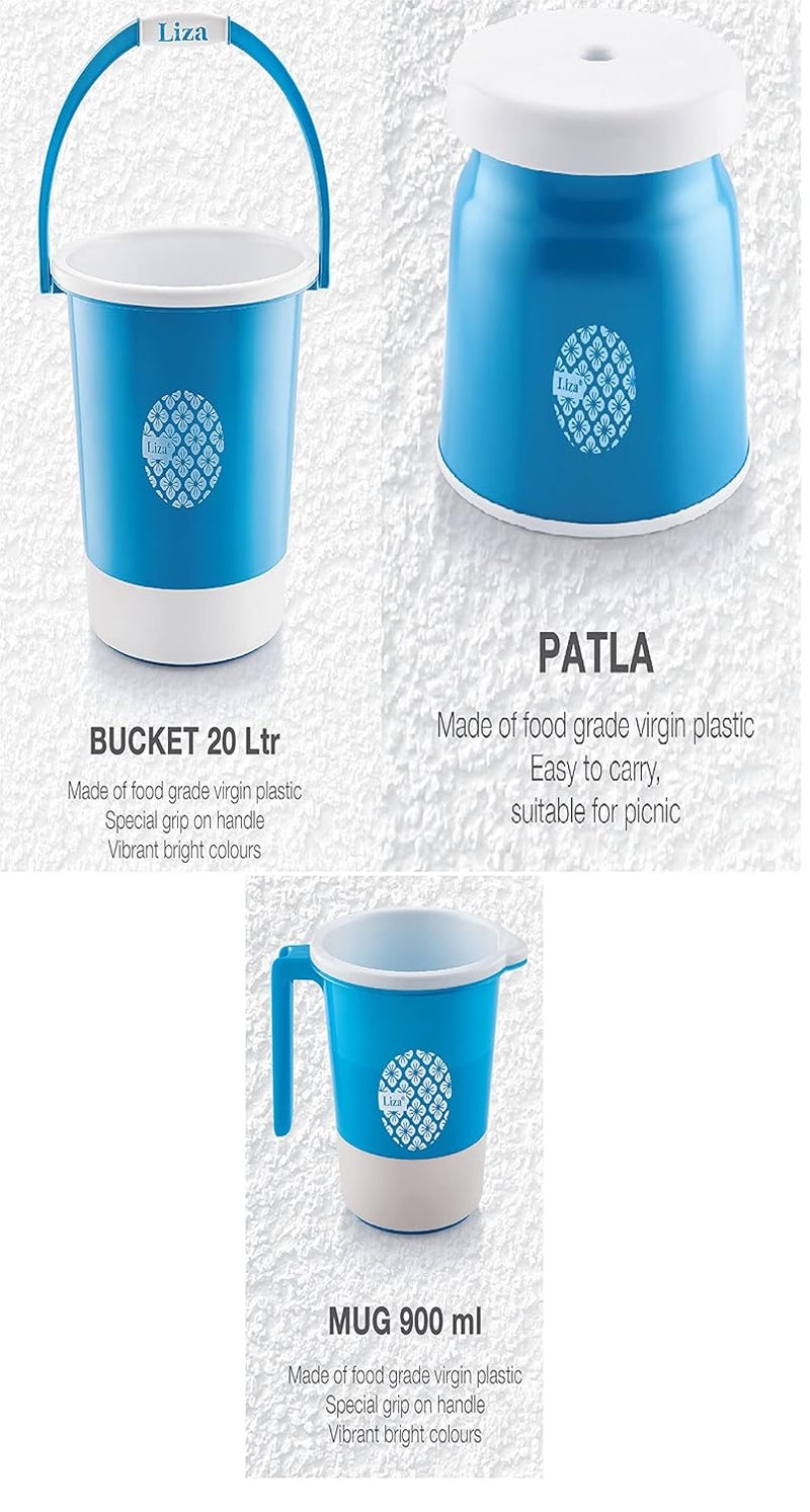 Liza Liza Falcon 3 Piece Plastic Bathroom 20 LTR Bucket, Mug & Comfortable Stool Set, Blue - Image 5