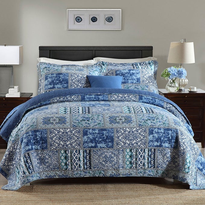 COTTON BEDSPREAD QUILT SETSREVERSIBLE PATCHWORK COVERLET SET BLUE CLASSIC BOHEMIAN PATTERNQUEEN SIZE