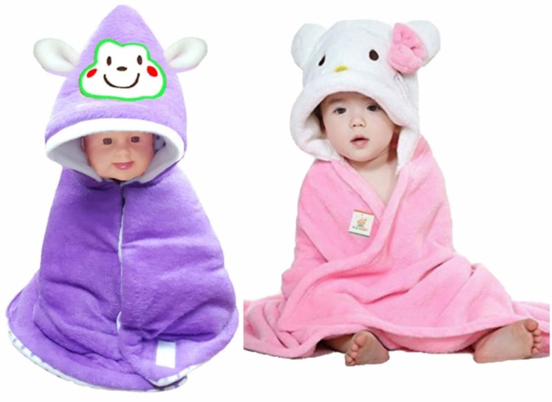 BRANDONN Newborn Combo of Furry Glacier Hooded Smily Baby Blanket and Premium Glacier Hooded Baby Wrapper(Pack of 2, Pink n White-Purple) - Image 1