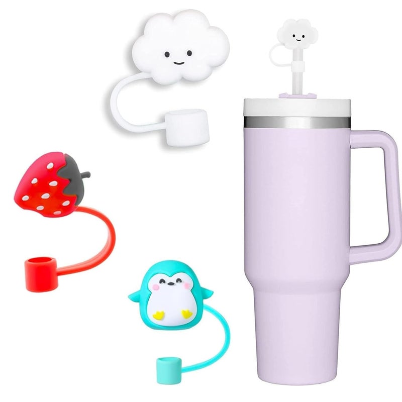 DVELLZY 3pcs Silicone Straw Covers | Cute Reusable 8mm Straw Toppers | Dust-Proof Straw Cap Lids for Cups & Tumblers (Mix Character) - Image 2