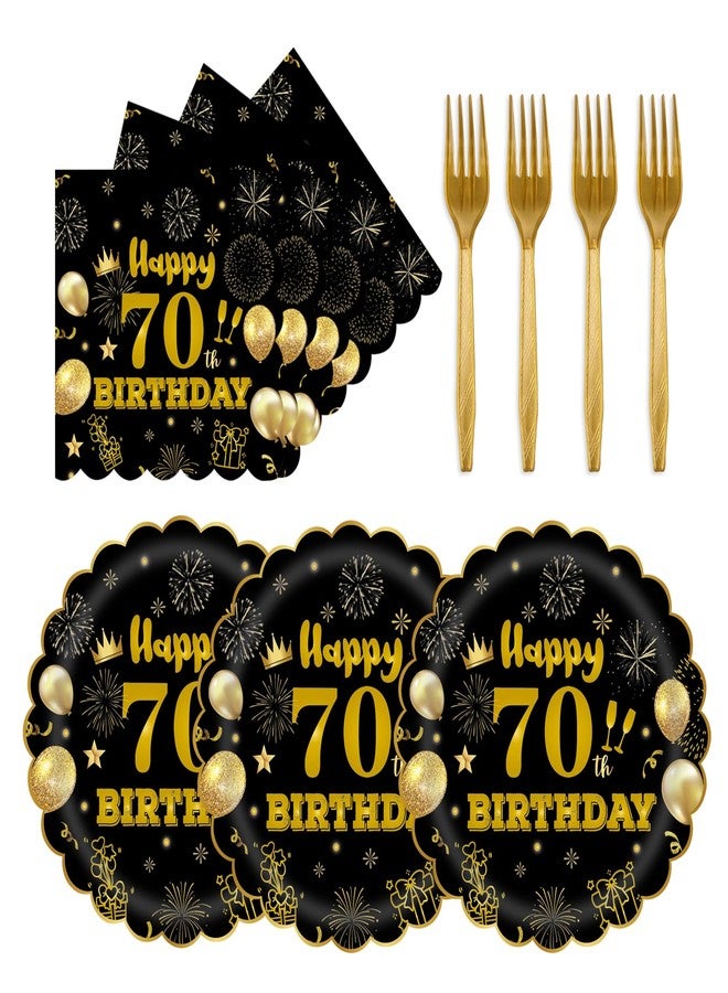 EVYIENEN 70th 7inch Birthday Party Plates and Napkins Party Supplies,75pcs Black Gold Scalloped Paper Plates 6.5 Inch Napkins with 6.3 Inch Gold Forks for Boys Girls Tableware Decorations,Serve 25 - Image 1