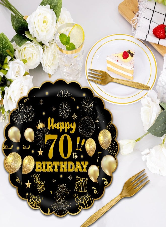 EVYIENEN 70th 7inch Birthday Party Plates and Napkins Party Supplies,75pcs Black Gold Scalloped Paper Plates 6.5 Inch Napkins with 6.3 Inch Gold Forks for Boys Girls Tableware Decorations,Serve 25 - Image 4
