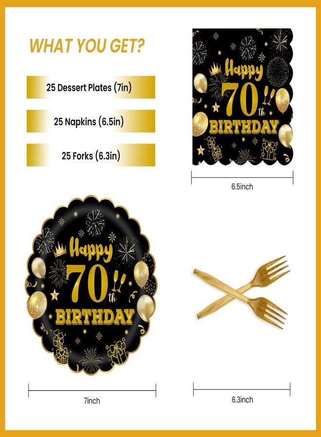 EVYIENEN 70th 7inch Birthday Party Plates and Napkins Party Supplies,75pcs Black Gold Scalloped Paper Plates 6.5 Inch Napkins with 6.3 Inch Gold Forks for Boys Girls Tableware Decorations,Serve 25 - Image 2