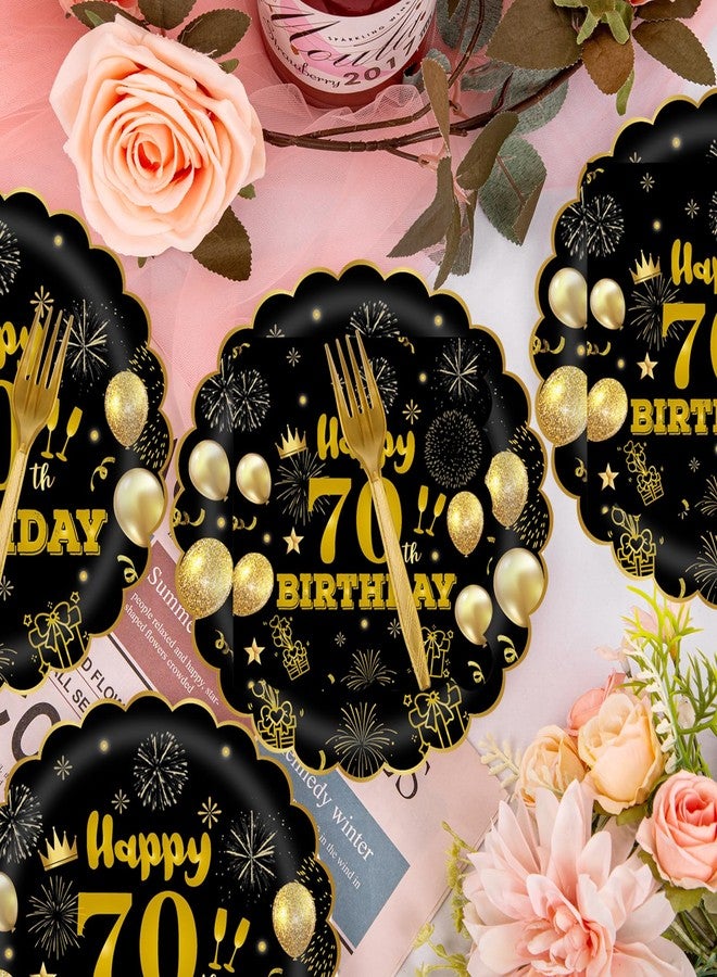 EVYIENEN 70th 7inch Birthday Party Plates and Napkins Party Supplies,75pcs Black Gold Scalloped Paper Plates 6.5 Inch Napkins with 6.3 Inch Gold Forks for Boys Girls Tableware Decorations,Serve 25 - Image 5