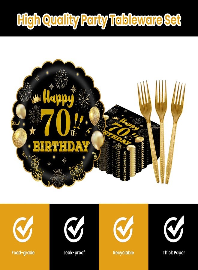 EVYIENEN 70th 7inch Birthday Party Plates and Napkins Party Supplies,75pcs Black Gold Scalloped Paper Plates 6.5 Inch Napkins with 6.3 Inch Gold Forks for Boys Girls Tableware Decorations,Serve 25 - Image 3
