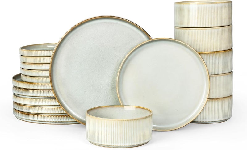 Famiware Star Plates and Bowls Sets Modern Stoneware Dinnerware Sets for 6 18Piece Kitchen Dish Sets  Chip and Scratch Resistant Microwave and Dishwasher Safe Tableware Set Cappuccino White - Image 1