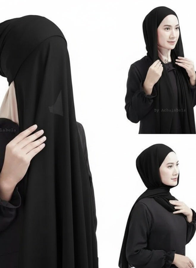 حجاب مع قبعة باللون الأسود من الشيفون الناعم المريح والقابل للتنفس، قماش مطاطي، حجاب فوري - Image 1