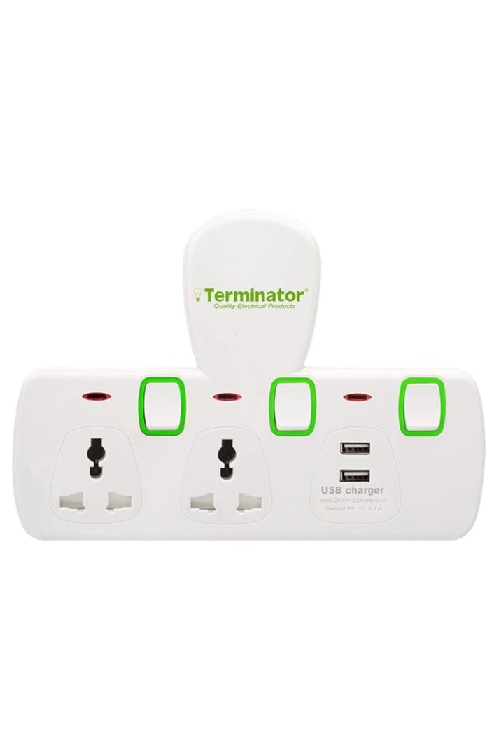 Terminator Terminator Power Strip with 3 Universal Sockets, 2 USB Charging Ports, White - Image 1