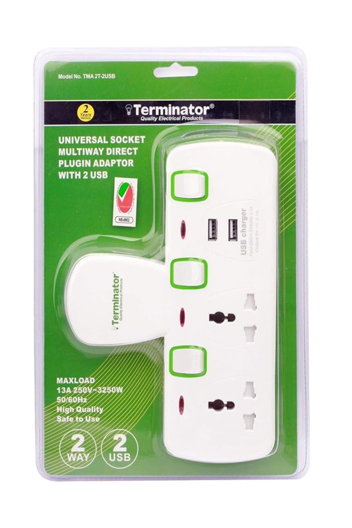 Terminator Terminator Power Strip with 3 Universal Sockets, 2 USB Charging Ports, White - Image 4