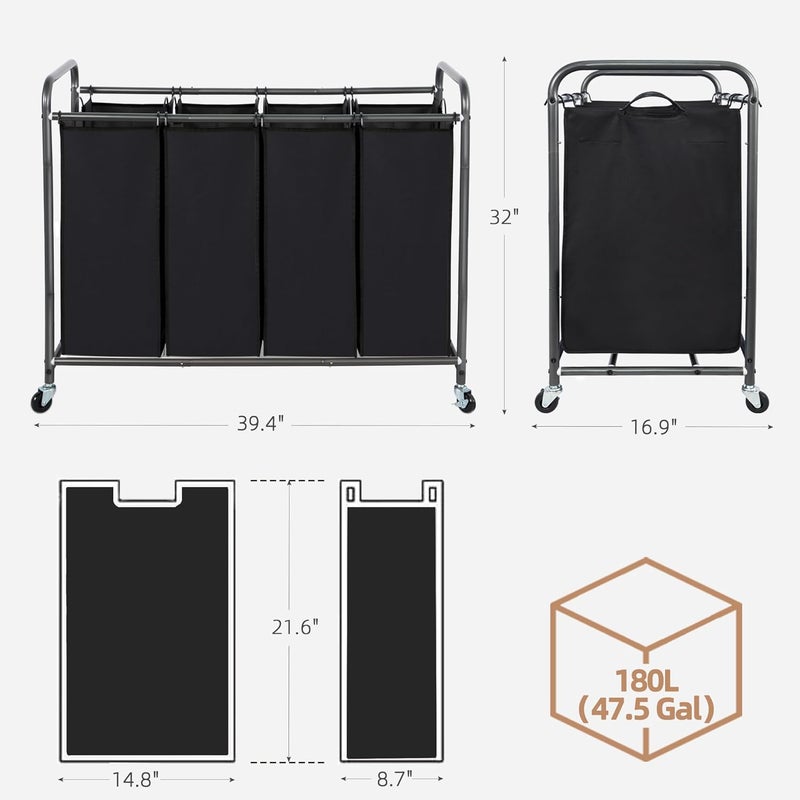 ستورج منياك Laundry Sorter 4 Section، سلة غسيل مع عجلات، سلة غسيل فاصلة، سلة غسيل فاصلة، سلة غسيل فاصلة، سلة غسيل بأربعة أكياس مع عجلات وأكياس قابلة للإزالة، أسود - Image 3