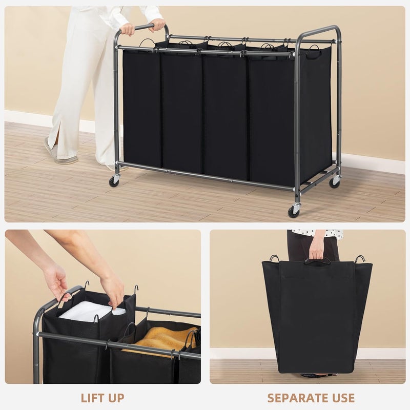 ستورج منياك Laundry Sorter 4 Section، سلة غسيل مع عجلات، سلة غسيل فاصلة، سلة غسيل فاصلة، سلة غسيل فاصلة، سلة غسيل بأربعة أكياس مع عجلات وأكياس قابلة للإزالة، أسود - Image 4