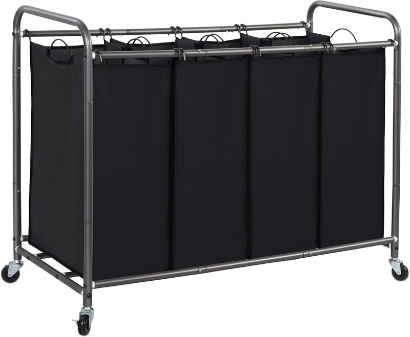 ستورج منياك Laundry Sorter 4 Section، سلة غسيل مع عجلات، سلة غسيل فاصلة، سلة غسيل فاصلة، سلة غسيل فاصلة، سلة غسيل بأربعة أكياس مع عجلات وأكياس قابلة للإزالة، أسود - Image 1