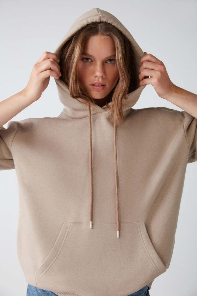جريميلانج Adel Relaxed Fit Knitted Kangaroo Pocket Hooded Beige Sweatshirt