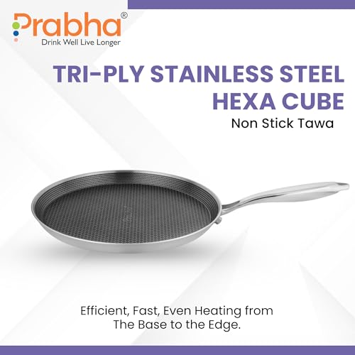 Prabha Stainless Steel Dosa Tawa | Triply Hexa Cube Roti Tawa 28cm | Dosa Tava Non Stick Marble Coating Induction Base & Gas Stove Compatible | Food-Grade Steel Sturdy Handles - Image 2