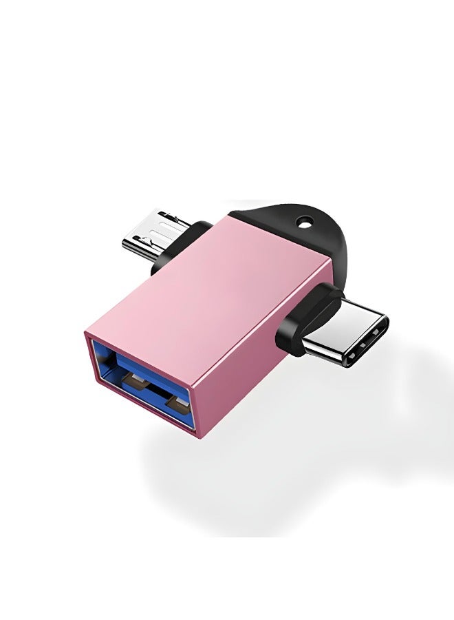 محول USB OTG مزدوج (Type-C و Micro USB) للهواتف والأجهزة اللوحية – لون وردي  - Image 1