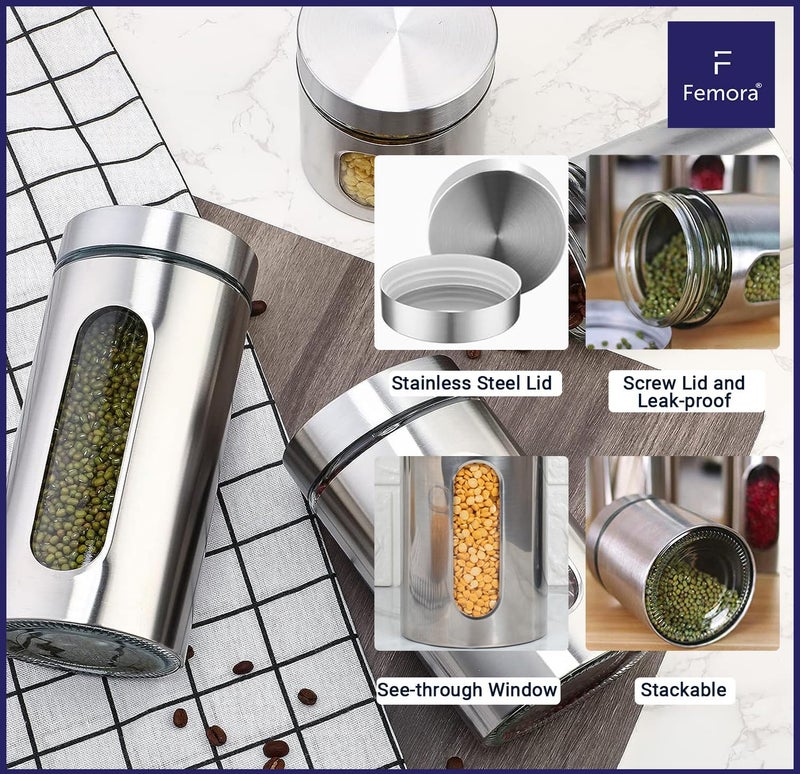 Femora Oval Shape Glass Window Jars |Steel Body See Through Window Jar | 1 Year Warranty | Airtght | Jars for Snacks, Fry Food, Masala, Spice, Pickles, Cookies | 1300 ML | Set Of 4 | Silver - Image 2