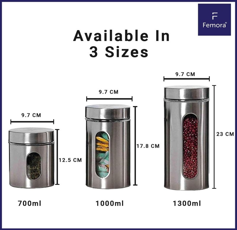 Femora Oval Shape Glass Window Jars |Steel Body See Through Window Jar | 1 Year Warranty | Airtght | Jars for Snacks, Fry Food, Masala, Spice, Pickles, Cookies | 1300 ML | Set Of 4 | Silver - Image 3