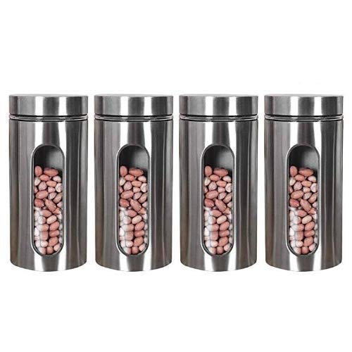 Femora Oval Shape Glass Window Jars |Steel Body See Through Window Jar | 1 Year Warranty | Airtght | Jars for Snacks, Fry Food, Masala, Spice, Pickles, Cookies | 1300 ML | Set Of 4 | Silver - Image 1
