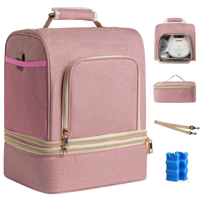 NCVI Breast Pump Bag, Double Layer Removable Pump Bag for Spectra S1, S2, Medela, Breast Pump Backpack with Ice Pack, Insulated Breast Milk Cooler Bag for Working Nursing Moms, Pink - Image 1