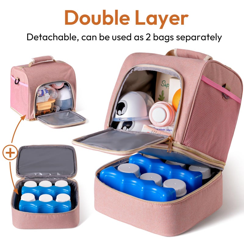 NCVI Breast Pump Bag, Double Layer Removable Pump Bag for Spectra S1, S2, Medela, Breast Pump Backpack with Ice Pack, Insulated Breast Milk Cooler Bag for Working Nursing Moms, Pink - Image 2