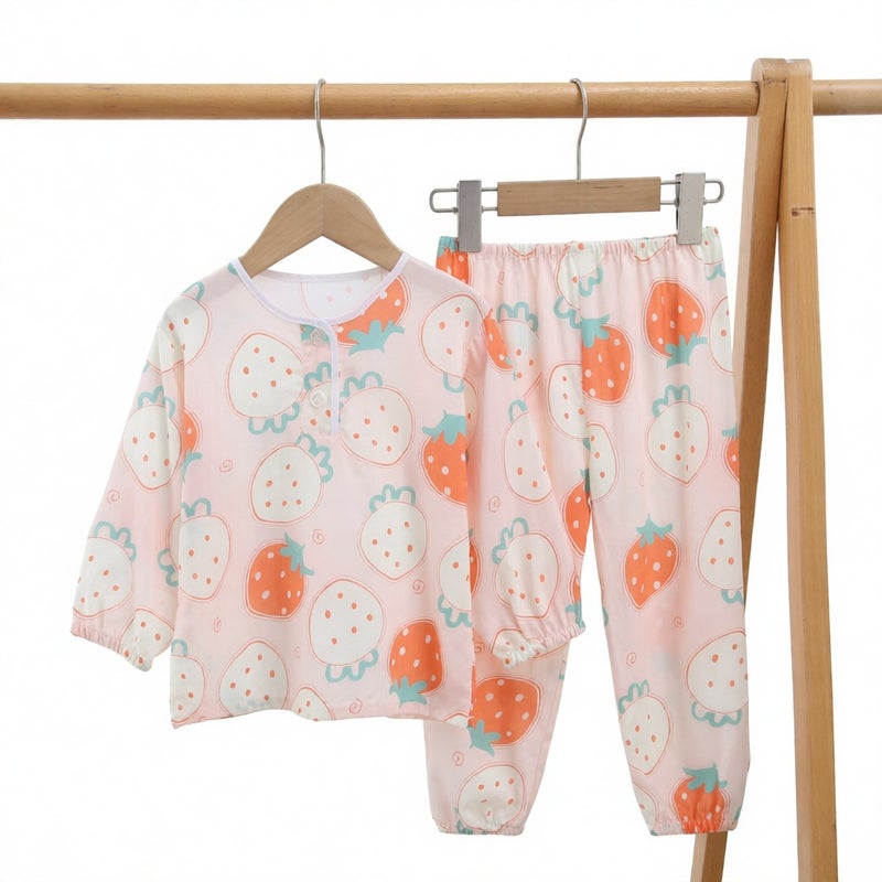 Boys Girls Cotton Silk Pajama Set Long Sleeve Sleepwear Homewear Thin Summer - Image 2