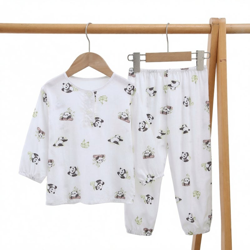 Boys Girls Cotton Silk Pajama Set Long Sleeve Sleepwear Homewear Thin Summer - Image 4