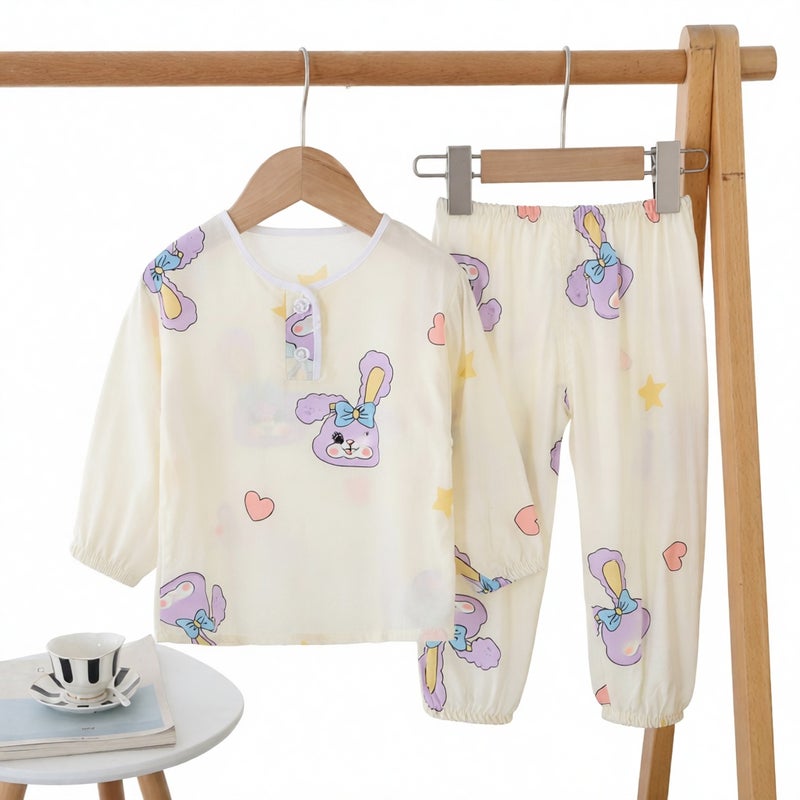 Boys Girls Cotton Silk Pajama Set Long Sleeve Sleepwear Homewear Thin Summer - Image 1