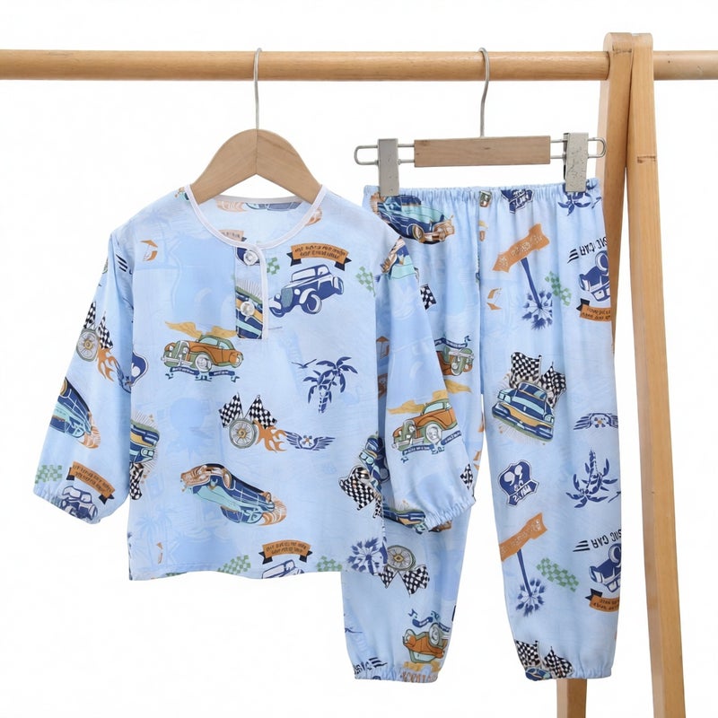 Boys Girls Cotton Silk Pajama Set Long Sleeve Sleepwear Homewear Thin Summer - Image 3